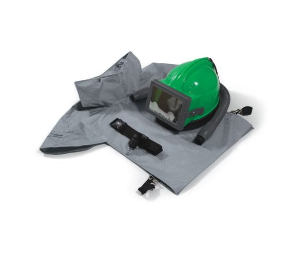 A green safety helmet with a face shield, attached to a gray protective cover and hose