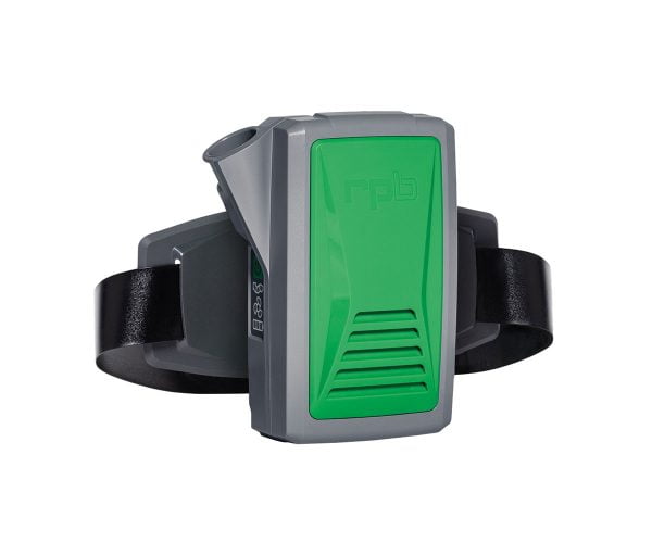 Grey and green RPB air filtration unit with a black adjustable strap.