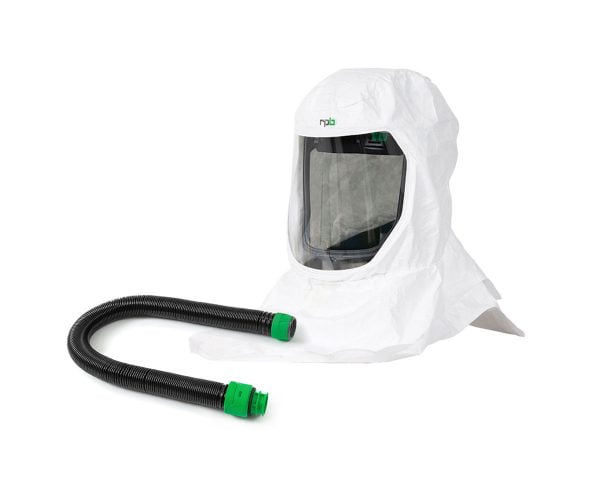 RPB safety hood with an attached breathing tube for optimal respiratory protection.