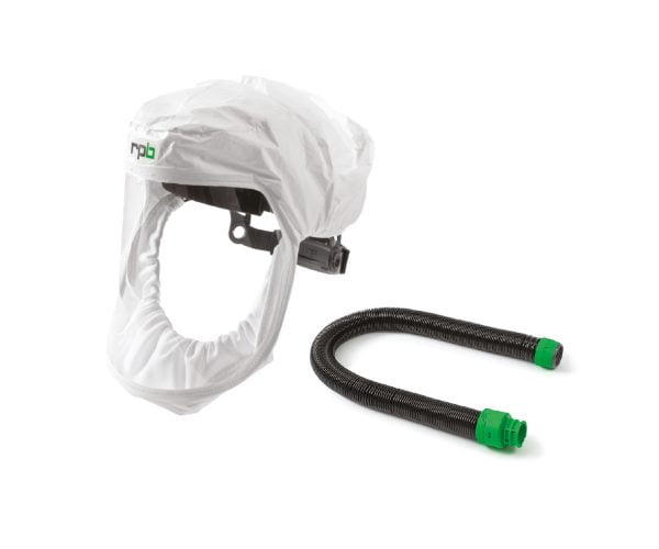 White protective hood with a clear visor and black air supply hose with green connectors.