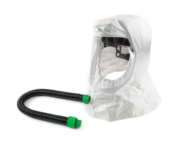 A hood with a clear visor and an attached black flexible hose with green connectors for respiratory protective equipment.