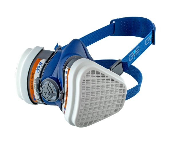 A blue GVS respirator with white filters and adjustable straps for a secure fit.