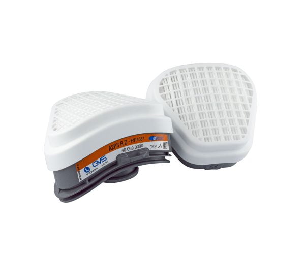 A pair of white GVS A2P3 R D filters for respirators, providing protection and ensuring clean air.