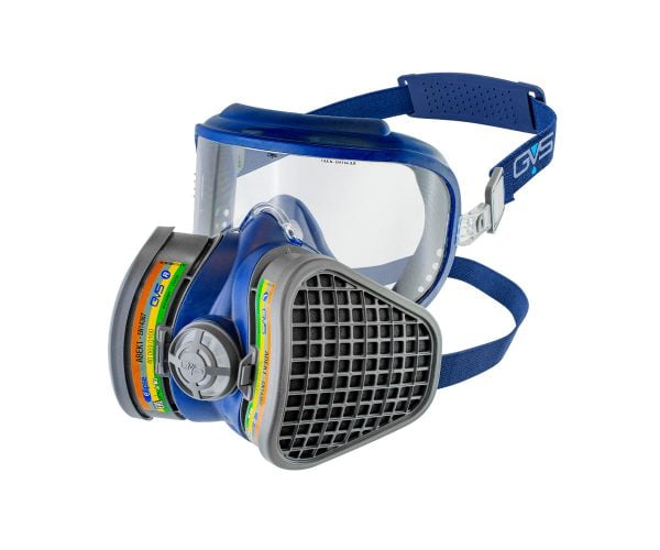 GVS respirator mask with ABEK1 filters and protective eyewear.