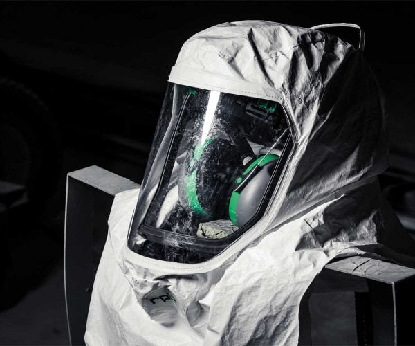 RPB safety hood with a clear visor, displayed in an industrial setting.