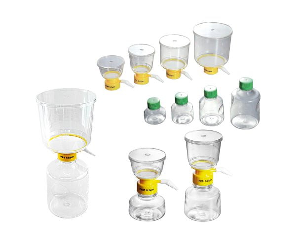 Assorted clear plastic bacterial filter units in various sizes and configurations for laboratory use.