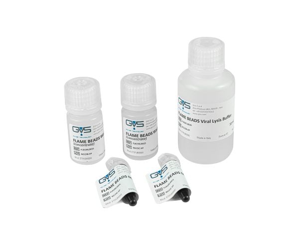 FLAME BEADS Viral Lysis Buffer and FLAME BEADS Wash (concentrate) for efficient bacterial filtration.