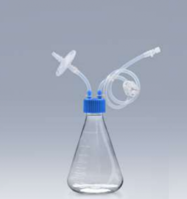 Laboratory flask with attached tubes and a bacterial filter.