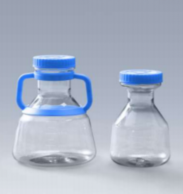 Laboratory bottles with blue caps, ideal for bacterial filter applications.