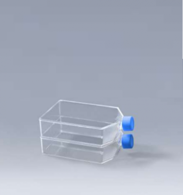 Transparent plastic container with blue caps, often used with a respirator.