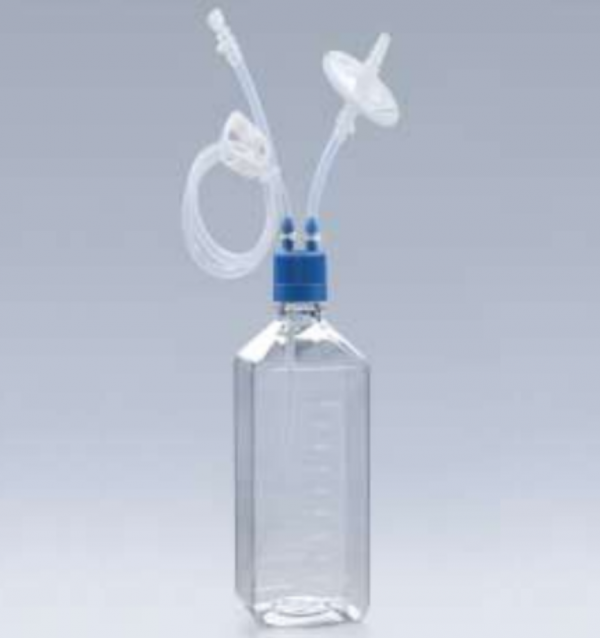 Rectangular laboratory bottle with attached tubes and a bacterial filter.