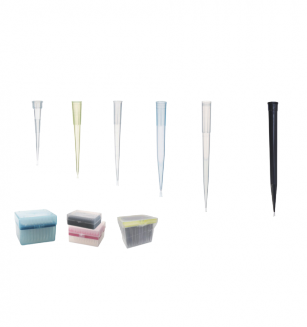 Pipette tips and their storage boxes, used in laboratory testing of syringe filters.