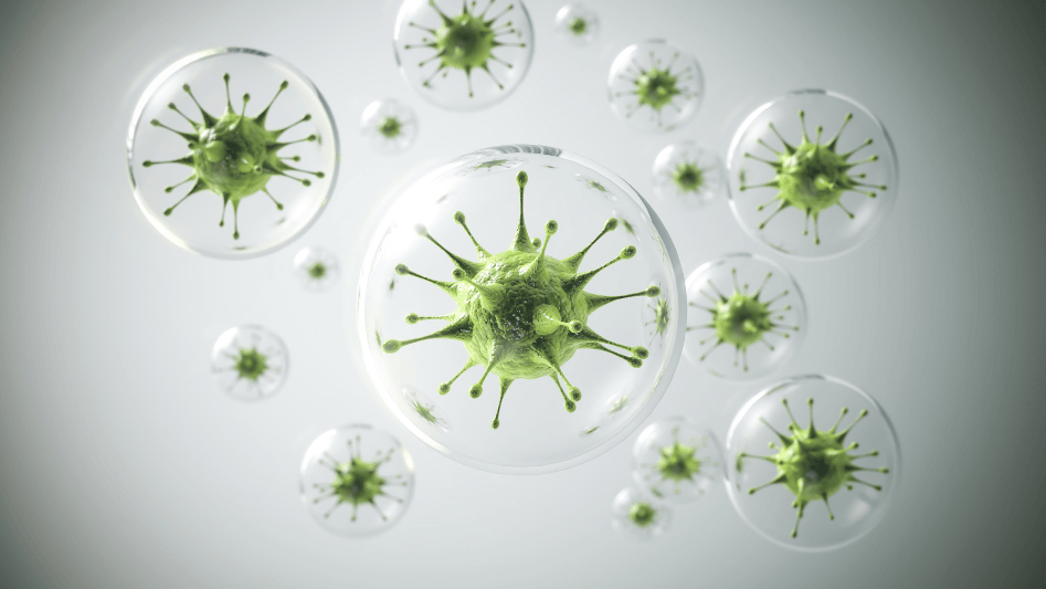 Green virus particles in bubbles representing a bacteria filter.