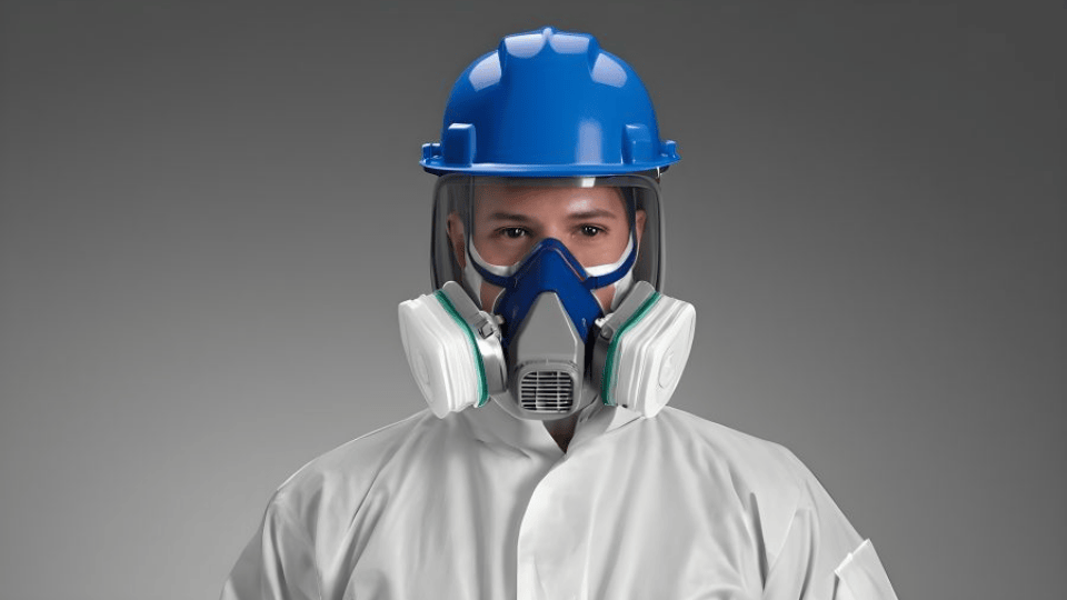 Person wearing a blue helmet, white protective suit, and a respirator with dual filters.