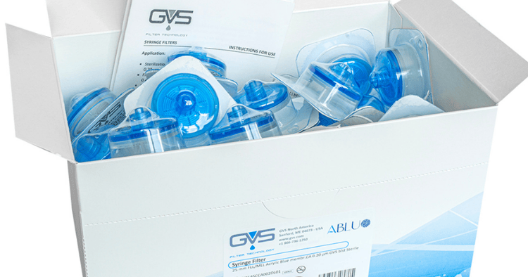 Box of GVS syringe filters with blue membranes, individually packaged for laboratory and medical filtration.